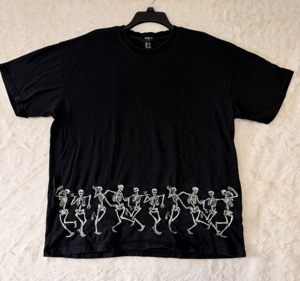 Forever 21 Black Dancing Skeleton Skull Embroidered Front & Back Men’s Large EUC